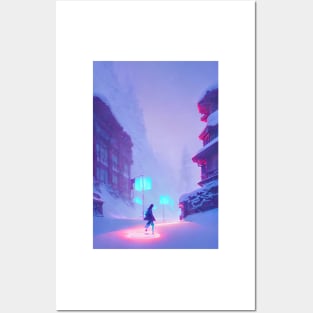 Anime Girl Snowy Street Lights Christmas Landscape Posters and Art